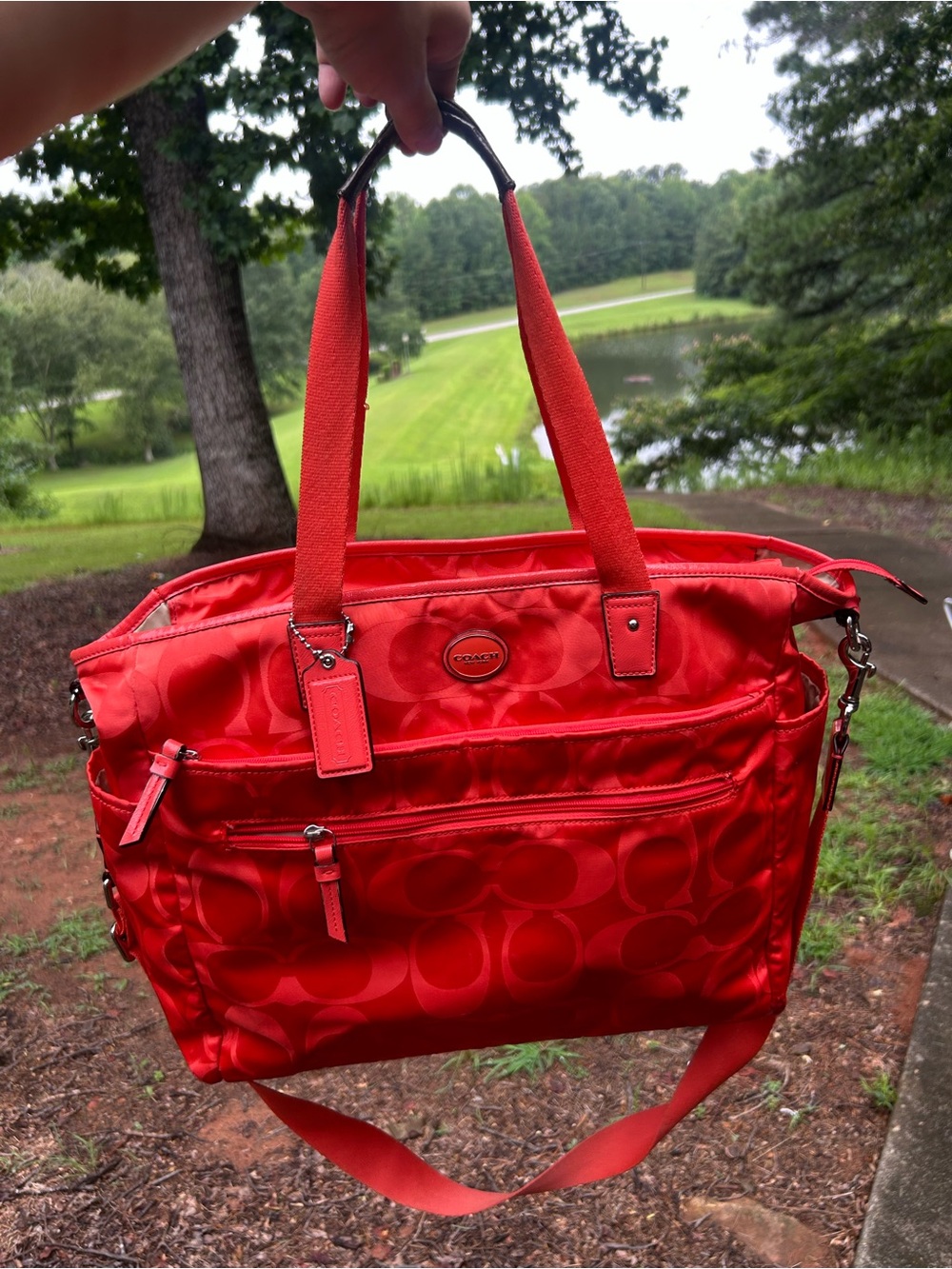 Coach F77577 Signature Nylon Diaper Bag Travel Tote Coral Red Crossbody - Picture 1 of 16